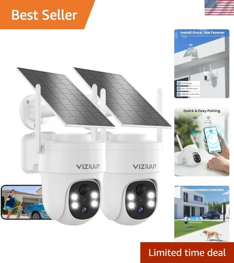 3MP Solar Security Cameras Wireless Outdoor,  Weatherproof | 360°PTZ, Color N...
