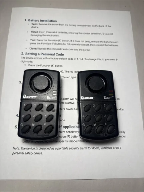(2) Quorum Elert Black Wireless Personal Security Portable Attack Safety Alarms