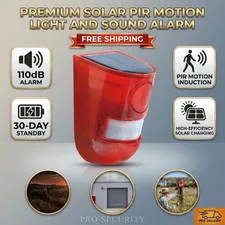 Solar PIR Motion Sensor Alarm 110dB Siren LED Strobe Light Outdoor Security