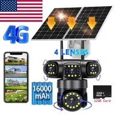 16MP 4G SIM Solar Security IP Camera Outdoor 4 Lens PTZ CCTV Motion Detection US