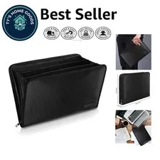 Elegant Fireproof Expanding File Folder - 3 Pocket Zippered Storage for A4 Paper