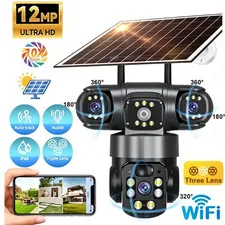 3 Lens 12MP Solar Battery Home Security Camera Outdoor Wifi Wireless PTZ CCTV US
