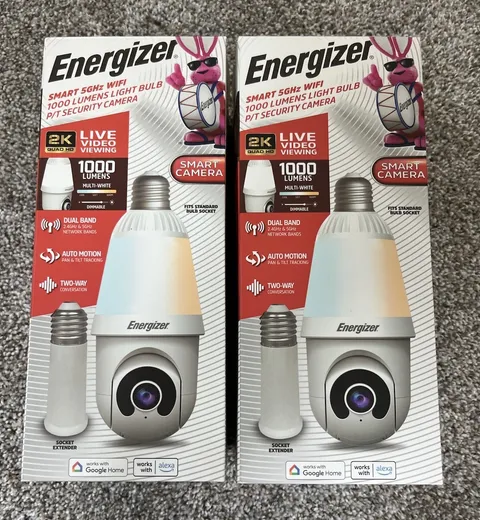 New Energizer Smart Wi-Fi Indoor Outdoor Bulb Socket P/T Camera White w/ Ext (2)
