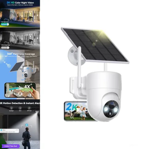 Solar Security Camera Wireless Outdoor 2K Solar Panel 360 PTZ WiFi 2 Way Audio