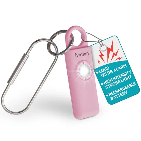 Ivation Personal SOS Alarm, 130dB Rechargeable Keychain Alarm, LED, Pink