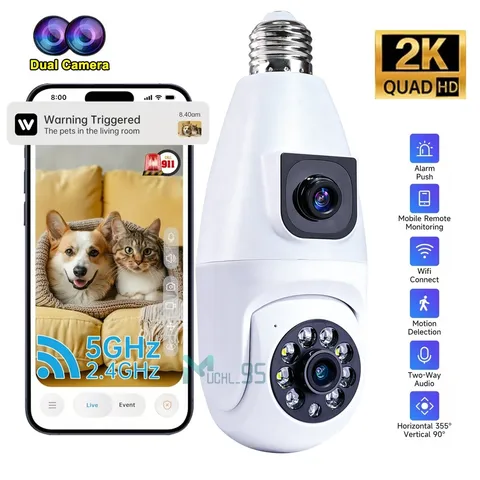 Daul Lens Light Bulb Security Camera 2K WiFi Motion Detection Night Vision