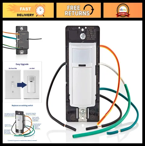 Motion Sensor Light Switch - Auto-On/Off, No Neutral Wire, 5A, 3-Way, White/Ivor