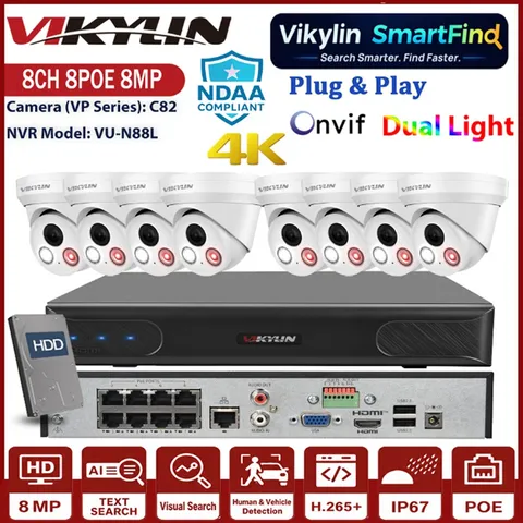 Vikylin SmartFind 4K 8MP 8CH 8POE NVR Dual Light PoE Security Camera Systems Lot