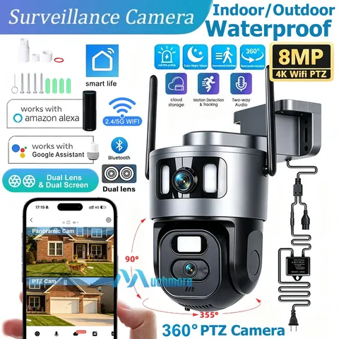 4K 8MP Wireless WiFi Outdoor PTZ Home Security Camera Dual-Lens 2-Way Audio IP65