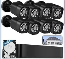 8CH 1080P Wired Camera System, 8 Cameras, 512GB HDD, Outdoor Use