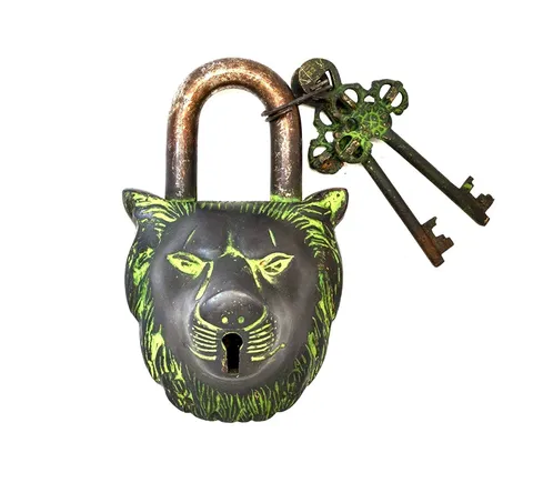 Handmade Vintage Style Rare Lion Design Functional Brass Padlock With Keys