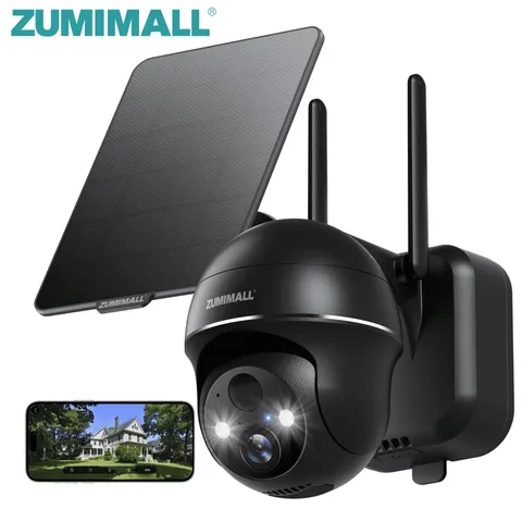 2K Solar Security Camera Outdoor, 360° PTZ Wireless, 2.4Ghz Wifi with Mount, Bla