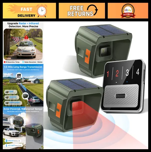 Wireless Driveway Alarm - Dual Radar & IR Detection, 1/2 Mile Range, Solar-Power