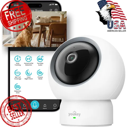 youkey 2.5K Indoor Pet Security Camera, Two-Way Audio Chat to Your Pets, AI P...