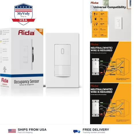 AIDA Single Pole Motion Sensor Light Switch w/Neutral Wire - 120° PIR Infrare...