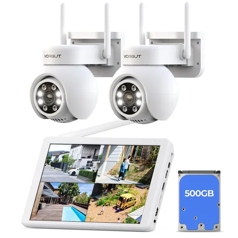 Wireless Security Camera System with 10" LCD Monitor, 2PCS 3MP PTZ Outdoor Ca...