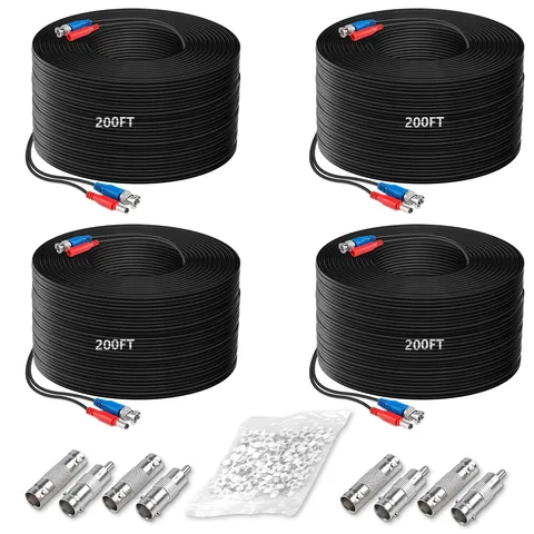 4×200 Feet Video Power Cable BNC Extension Wired Surveillance All-in-Cables f...
