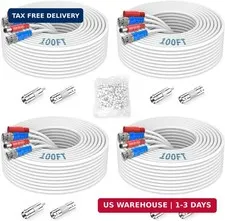 《2-in-1 Video Power Cable》 4-Pack 100FT White Extension Wire with BNC Connectors