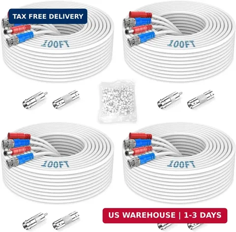 《2-in-1 Video Power Cable》 4-Pack 100FT White Extension Wire with BNC Connectors