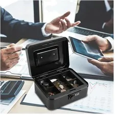 Secure Steel Cash Box, Combination Lock, Medium Size, Black