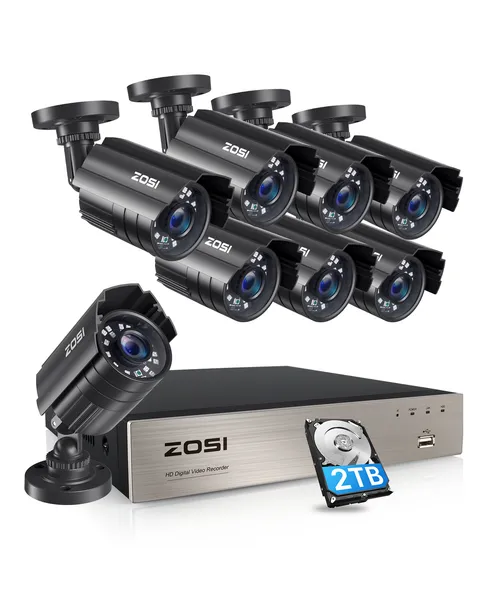 ZOSI 8CH H.265+ 5MP Lite DVR 1080P Home Security Camera System 2TB Outdoor
