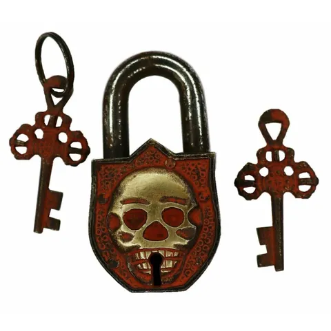 Skull Shape Security Lock Antique Vintage Style Handmade Brass Padlock with Keys