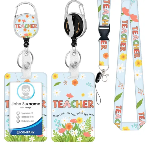 Lanyard with ID Holder Teacher Badge Holder with Retractable Reel Clip Badge ...