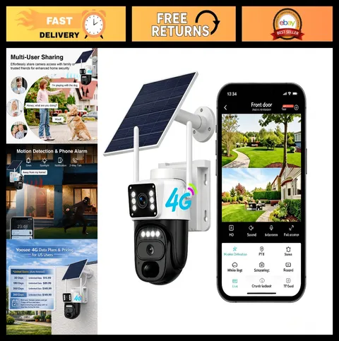 4G LTE Solar Powered Outdoor Security Camera, Dual Lens, 355° PTZ, Color Night V