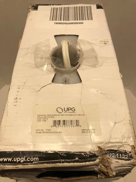 UPG 77287 RG59 20AWG  BC 95% CCA Braid CCTV 18/2 White-500ft box White CMR