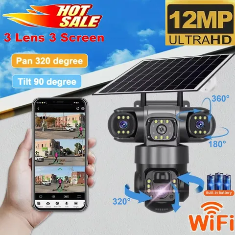 12MP HD Solar Outdoor Camera 3 Lens CCTV Night IP66 Vision Wifi Security Camera