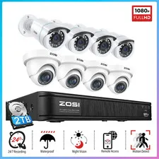 ZOSI 8CH DVR 1080P Security CCTV Outdoor Camera System 2TB HDD 80ft Night Vision