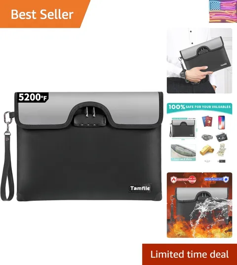 5200°F Fireproof Money Bag with Lock, Water Fireproof Document Bag with Zippe...