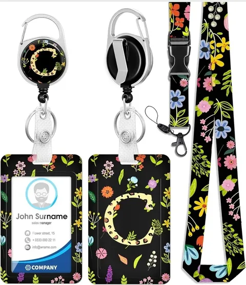 ID Badge Holder with Lanyard and Retractable Badge Reel Belt Clip (Letter C)