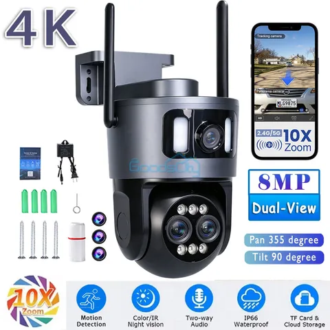 Three Lens 4K WiFi Security Camera 10X Zoom Outdoor Home Night Vision CCTV PTZ