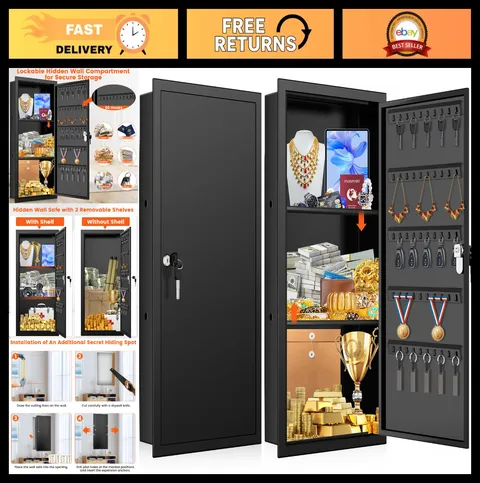 31.5" Tall In-Wall Safe with 2 Shelves & 50 Hooks - Hidden Lockable Storage for