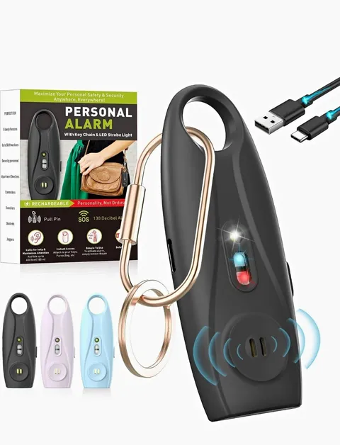 Personal Alarm Keychain 130dB Rechargeable USB-C, LED Flashlight Strobe, Black