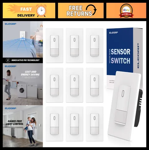 10 Pack Motion Sensor Light Switch, PIR Infrared, No Neutral Wire, Wall Plate, U
