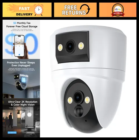 2K Dual Lens Indoor Security Camera, 360° PTZ, WiFi 6, Color Night Vision, Motio