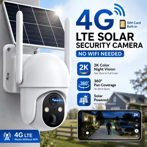 4G LTE Cellular Solar Security Camera Outdoor, 2K PTZ Wireless Security Camera w