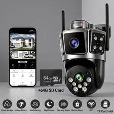 Dual Lens 3-Scene WiFi Security Camera PTZ Outdoor 360° + 64GB SD Card Included