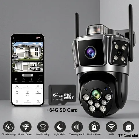 Dual Lens 3-Scene WiFi Security Camera PTZ Outdoor 360° + 64GB SD Card Included