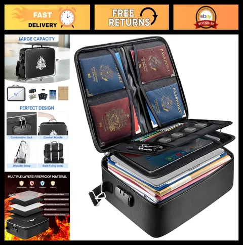 Fireproof Document Box with Lock, Portable Waterproof File Organizer for Importa