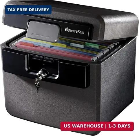 Black Fireproof and Waterproof Safe, File Folder and Document Box with Key Lock,