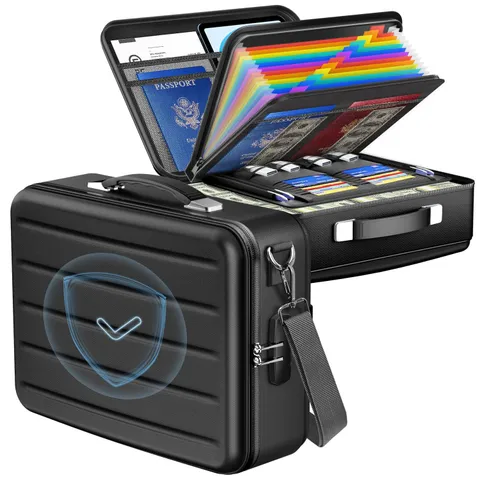 Fireproof Document Box with Lock, Hard-Shell Safe for Valuables, Black
