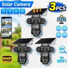 Camara de Seguridad Solar WiFi 9MP Triple Lente PTZ Exterior CCTV 10X Zoom Cam