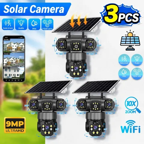 Camara de Seguridad Solar WiFi 9MP Triple Lente PTZ Exterior CCTV 10X Zoom Cam