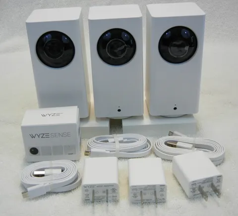 Set of Three Wyze Cam Pan WYZECP1 Indoor Cameras with Wyze Sense Starter Kit