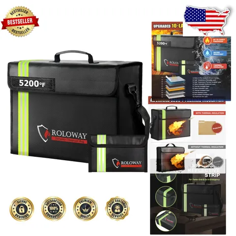 Large Fireproof Document Bag 5200°F Heat Insulated, Reflective Strip, XL + Sm...