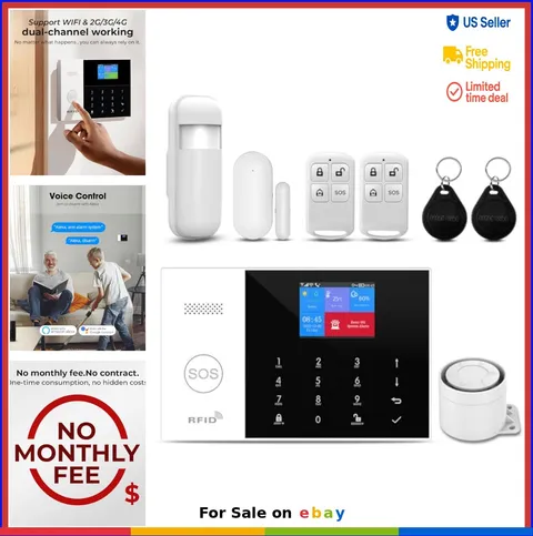 Wireless Home Alarm System 8 Piece Kit WiFi No Monthly Fee with App Alert Door