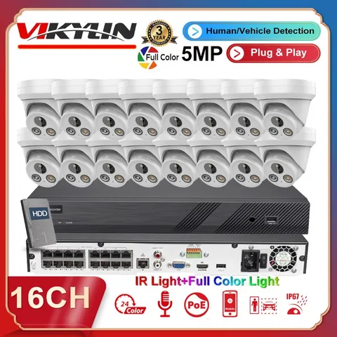 Vikylin 16CH CCTV System Kit 5MP IP Camera Full Color+IR Audio 4k 16 POE NVR Lot
